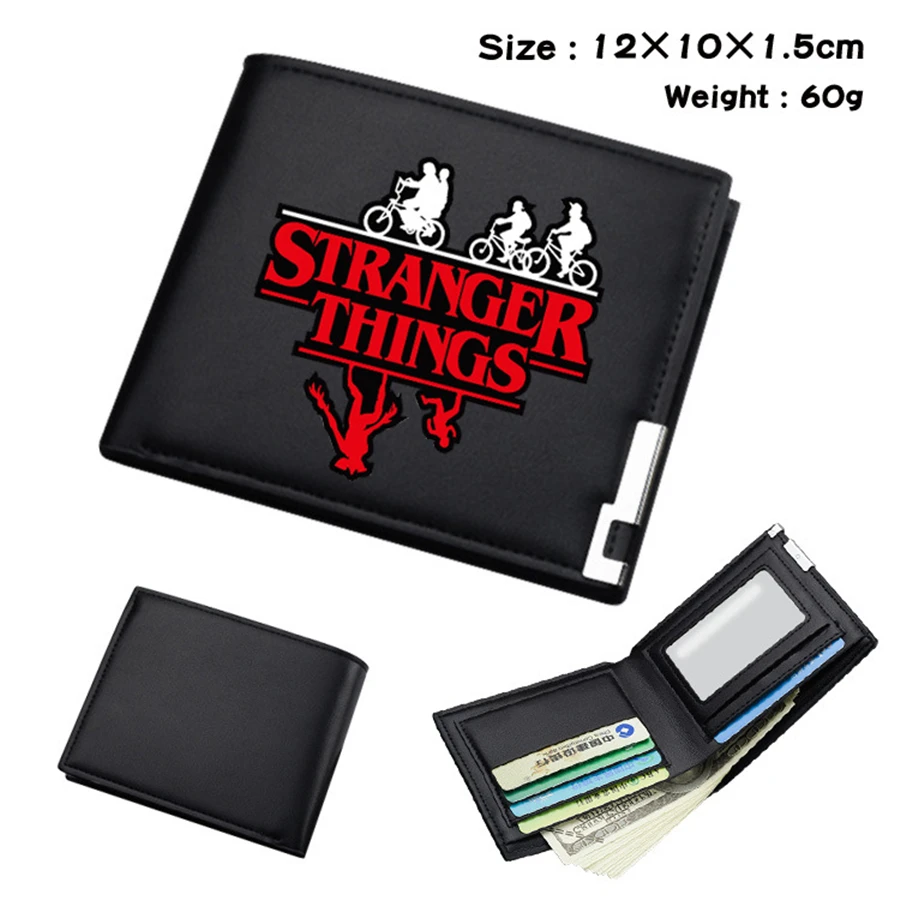 Cute Stranger Things Black PU Wallet Men's Bifold Photo Card Holder Boys Girls Teenager Leather Cosplay Casual Purses Gifts