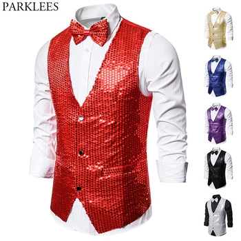 

Men's 2 Pieces Sequins Vest with Bowtie Slim Fit Wedding Groom Red Waistcoat Male Club Party Bar Stage Prom Chalecos Para Hombre