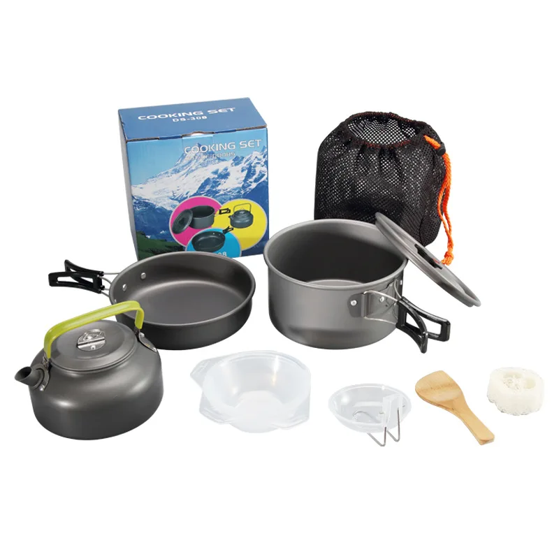 Portable Cookware Bowl Pot Spoon for Outdoor Camping Hiking Backpacking Travel Tableware Picnic Accessories - Color: Green