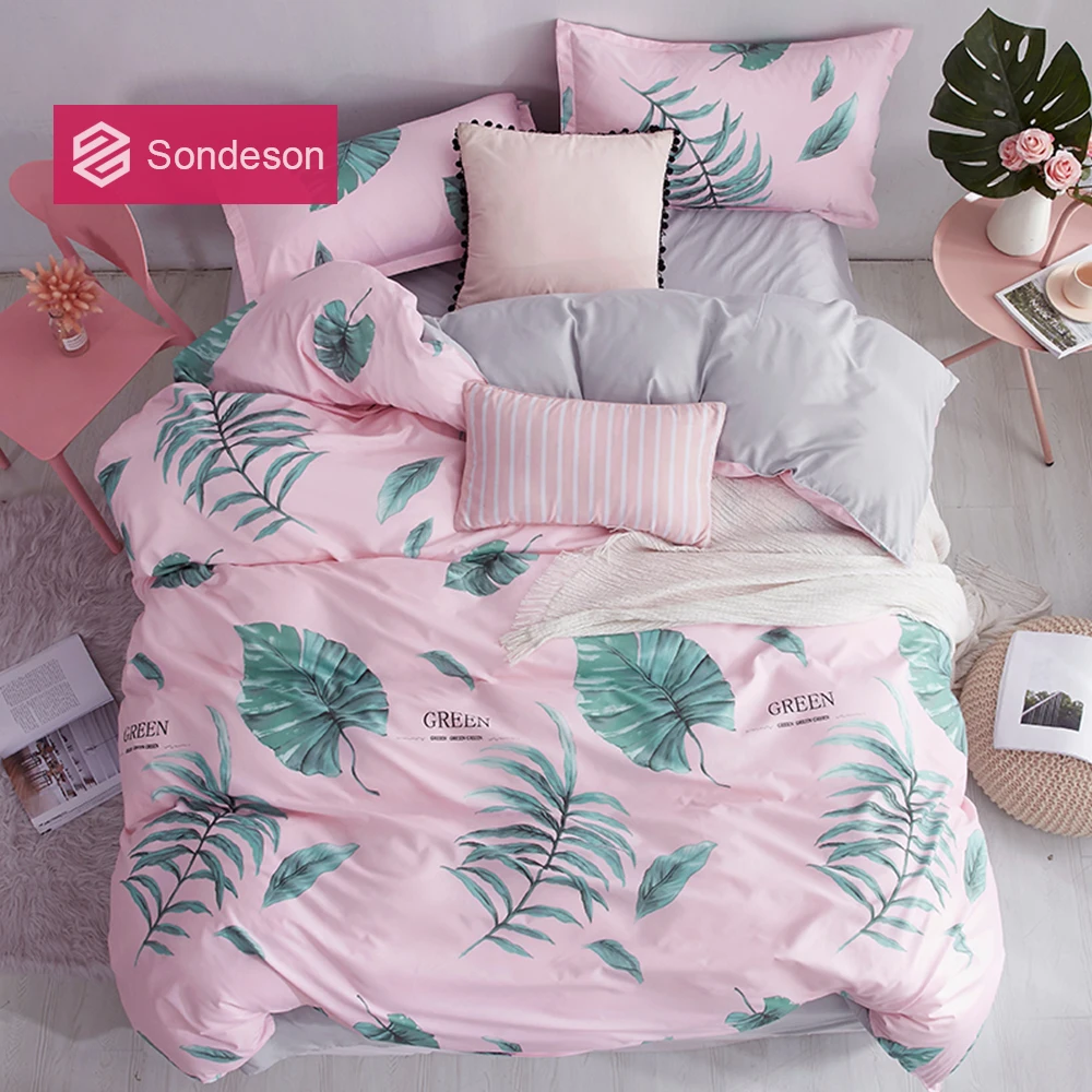 

Sondeson Brief Green Leaf Pink Bedding Set Home Bedding Set Soft Duvet Cover Set Flat Sheet Pillowcase Quilt Cover For Women Men
