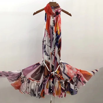 

Women Silk Print Dress Spring High Quality Sleeveless Elegant Party Dress Fashion Women New Dress