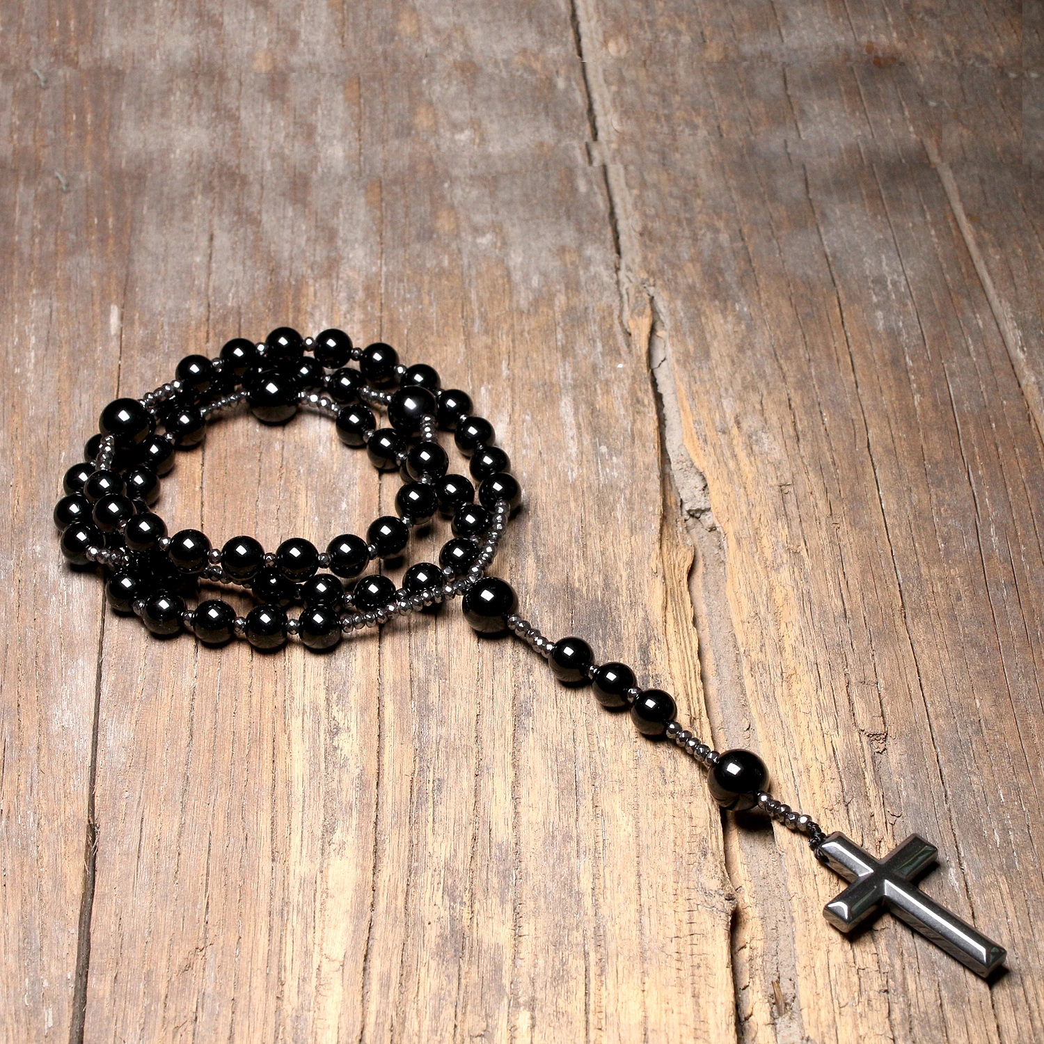Natural Black Onyx Beads Catholic Christ Rosary Necklaces Hematite 