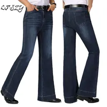 Цвет: темно-синий светильник, синие мужские джинсовые брюки со средней талией, большие расклешенные Стрейчевые брюки, мужские облегающие модные повседневные брюки, размер 26-33