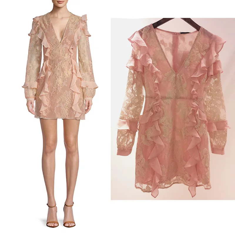 

BGW HT3239 Deep V Neck Lace Chiffon Straight Mini Cocktail Dresses Long Sleeves Ruffle Zipper Back Robe De Soiree Mini 2020