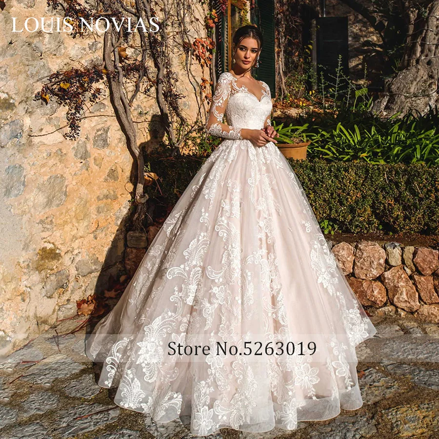 Луи новиас сексуальное свадебное платье с длинными рукавами свадебное платье Иллюзия аппликации свадебные платья плюс размер романтическое свободное платье
