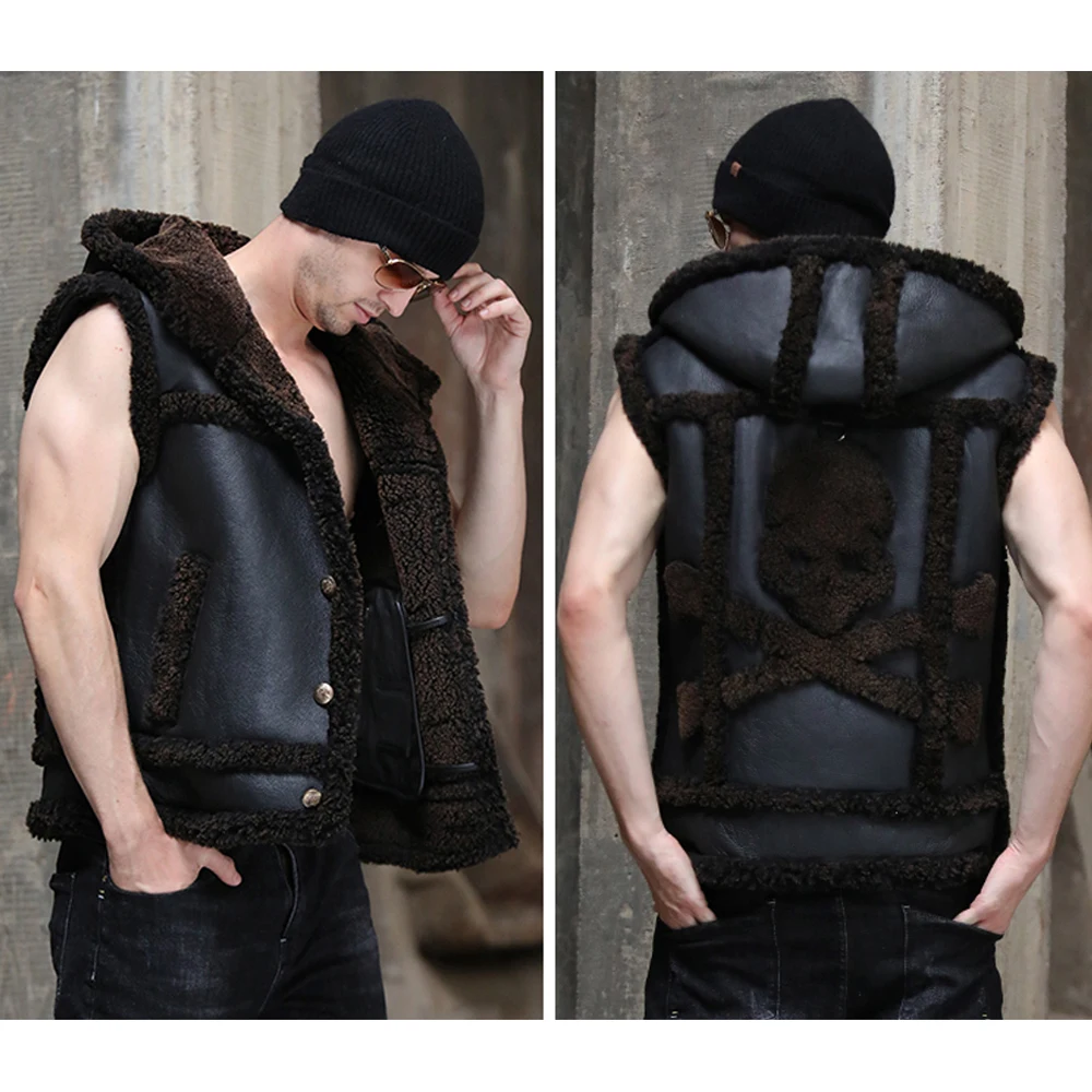 SANI Cool Shan Head on Back Shearling Sheepsin меховое мужское зимнее утепленное натуральное меховое пальто съемные рукава с капюшоном одежда из натурального меха
