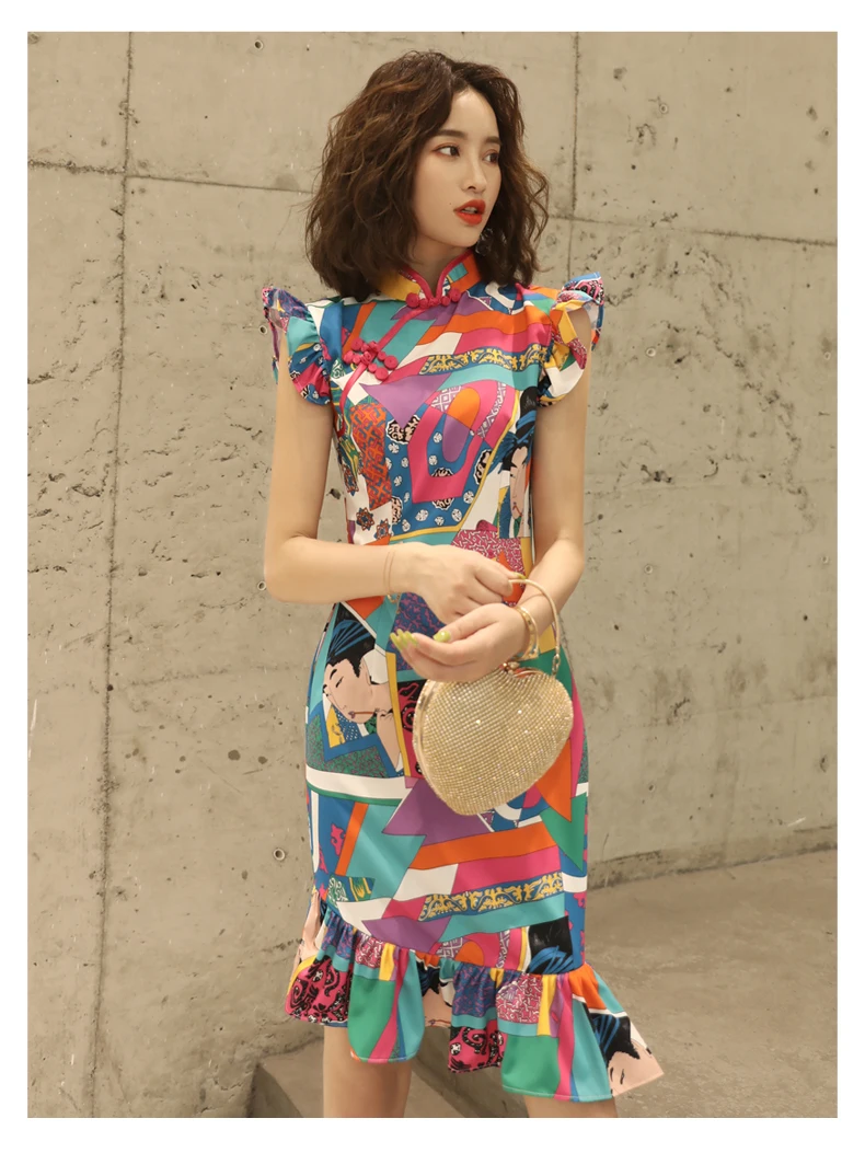 Новое модное короткое платье cheongsam для молодых девушек в стиле ретро, китайский стиль, улучшенное маленькое свежее платье с рыбьим хвостом, тонкое платье