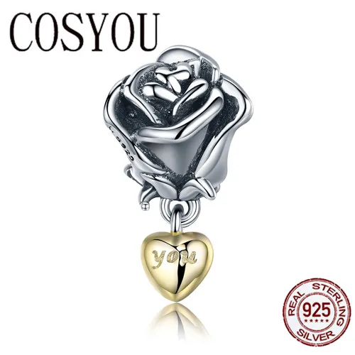 

COSYOU Authentic 925 Sterling Silver Rose Flower with You in Heart Dangle Charm fit Bracelet Jewelry Valentine Day Gift SCC455
