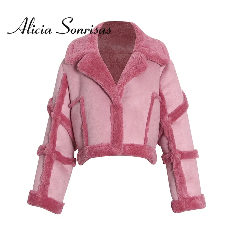 

2021 Winter Faux Fur Coat Women Double-faced Turn-down Collar Lamb Fur Patchwork Thick Warm Fashion Pink Jacket Femme