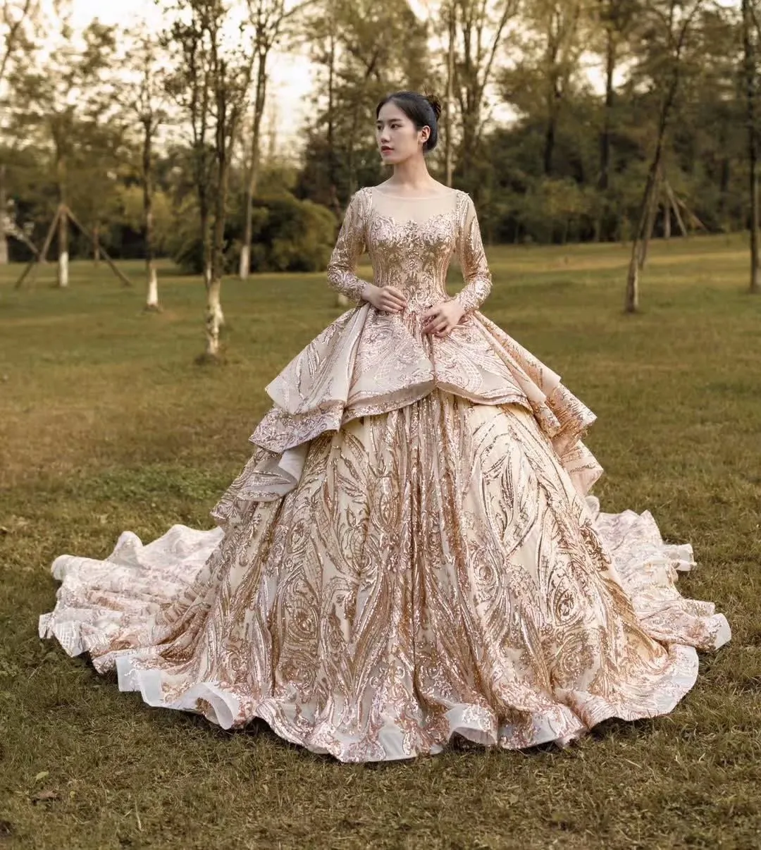 Erosebridal Lxuury Золотое бальное платье с блестками вечернее платье с длинным шлейфом с длинным рукавом вечерние женские платья на шнуровке сзади