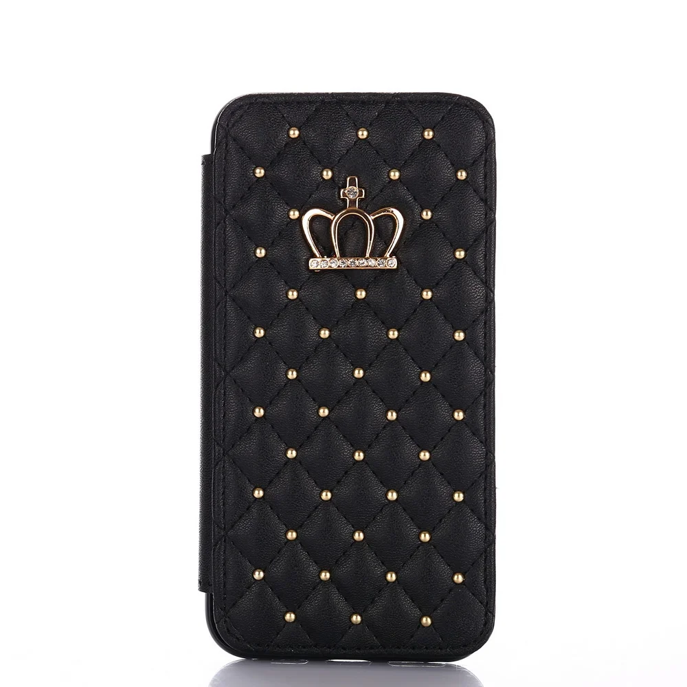 Кожаный бумажник для iPhone 5 6 6s 7 8 Plus X XR XS Max блестящий чехол Корона Королева Стиль Чехлы флип-чехол для телефонов пакет - Цвет: black