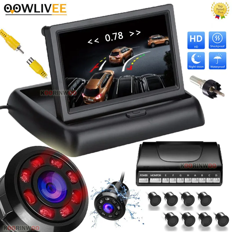 

OOWLIVEE Car Parking Sensors 8 Radar Detector 22mm Sound System Alarm Buzzer 12V with Camera + Monitor Front and Rear Dual View
