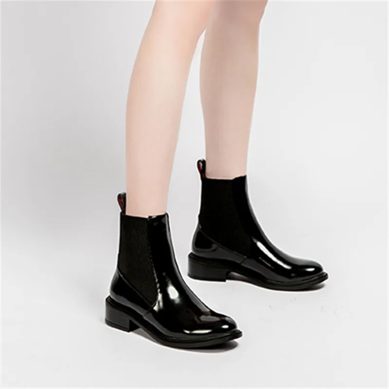 Skup RASMEUP skórzane damskie buty Chelsea 2019 moda marka jesień zima Martin botki na co dzień panie krótkie buty czerwony