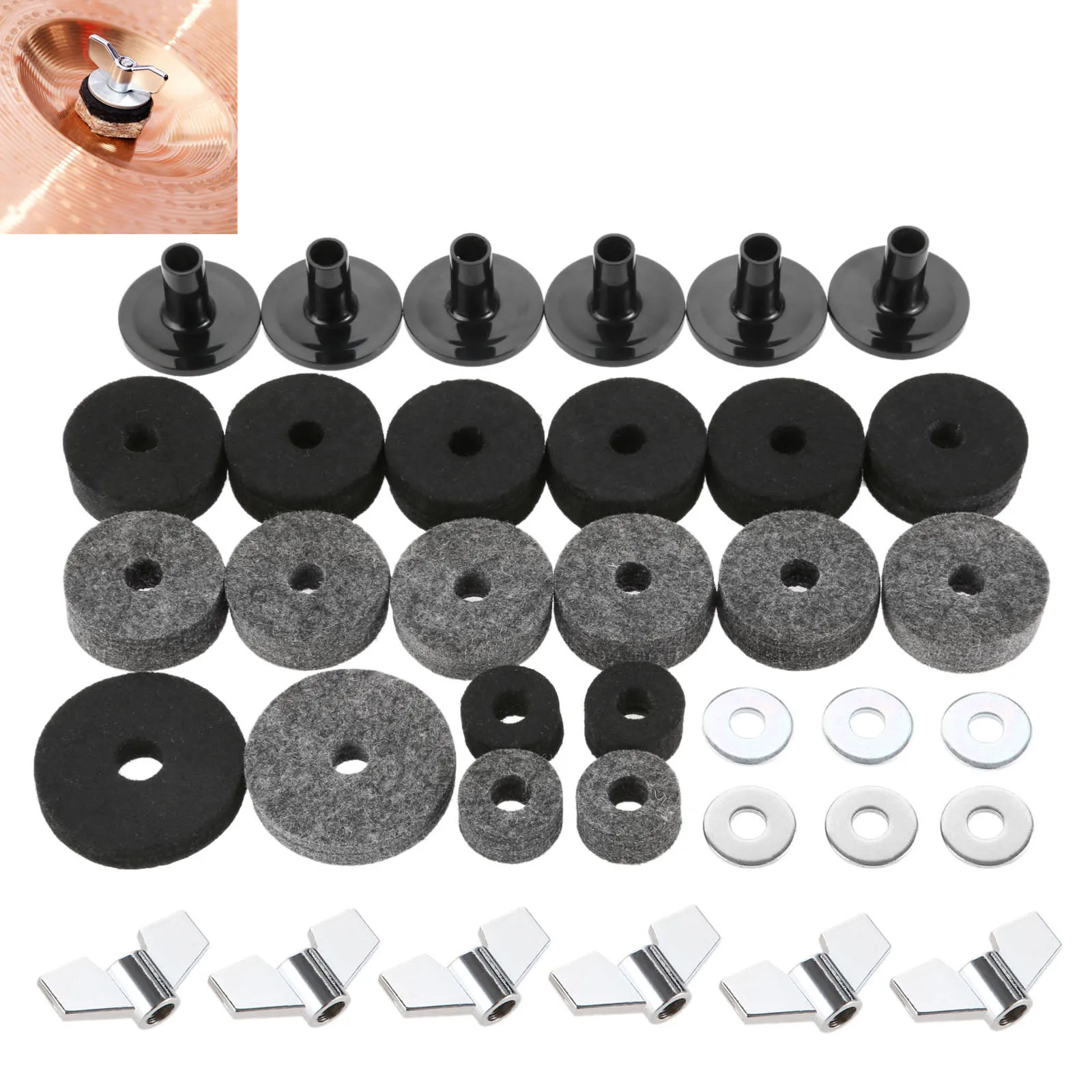 Washer Cymbal Replacement Accessories Sleeves and Base Wing Nuts Replacement for Drum Set Cymbal Felts Hi-Hat Clutch Felt Hi Hat Cup Felt Cymbal Sleeves with Base Wing Nuts （23 Pieces 