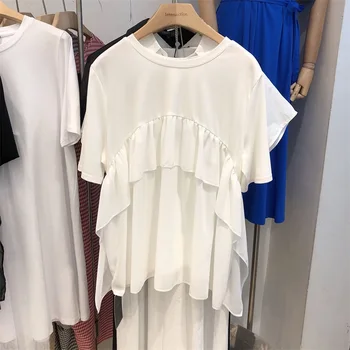 

Korean Style Stitching Chiffon T Shirts Women Ruffled Wild Short Sleeve Fashion Ladies T Shirts Summer New 2020 Solid Color Tops