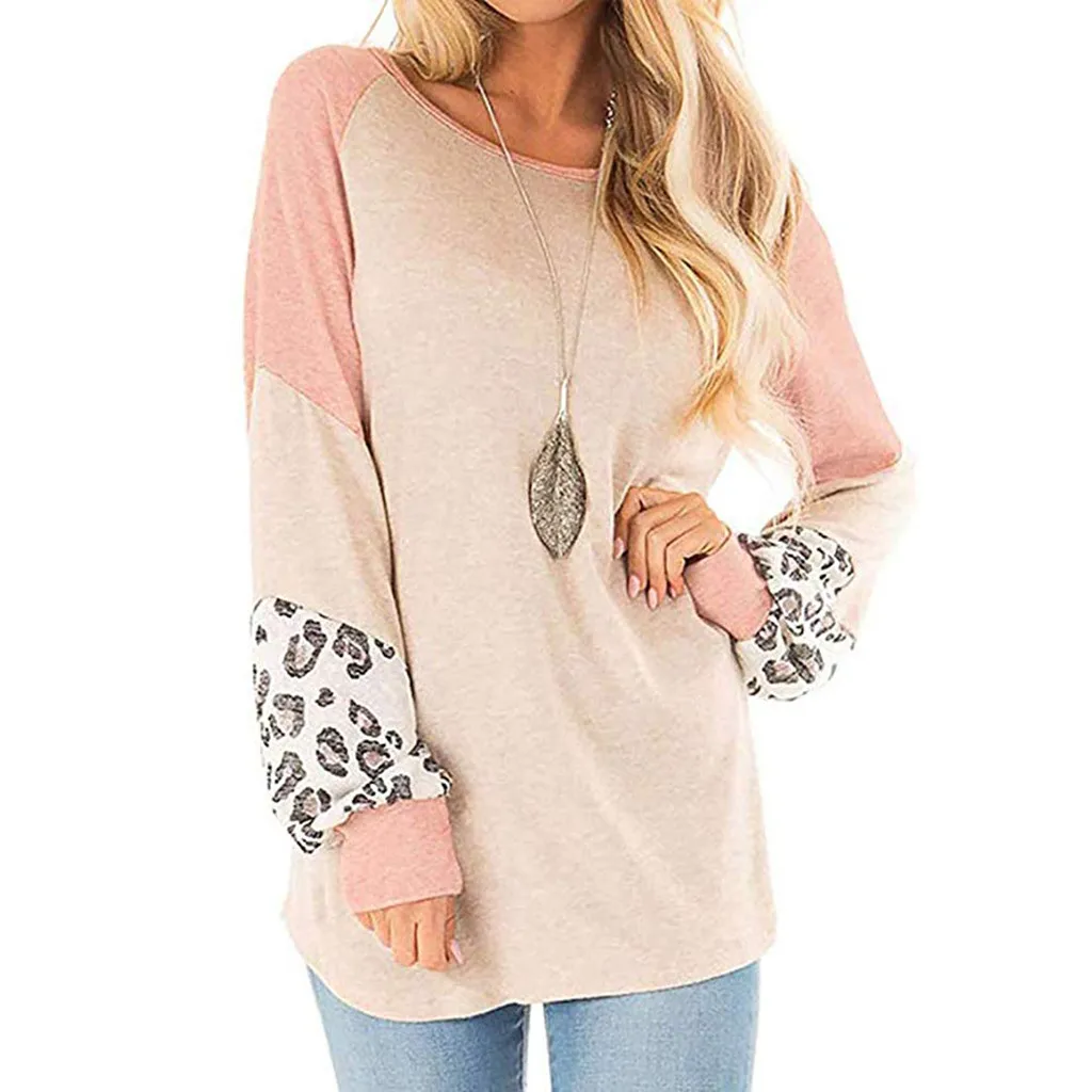2019 ladies leopard solid color stitching long-sleeved shirt sweater 

