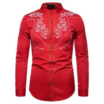 

Stand collar Shirt Male Pattern embroidery Long-sleeved Casual Floral Men's Shirt Black Red Navy Blouse Men