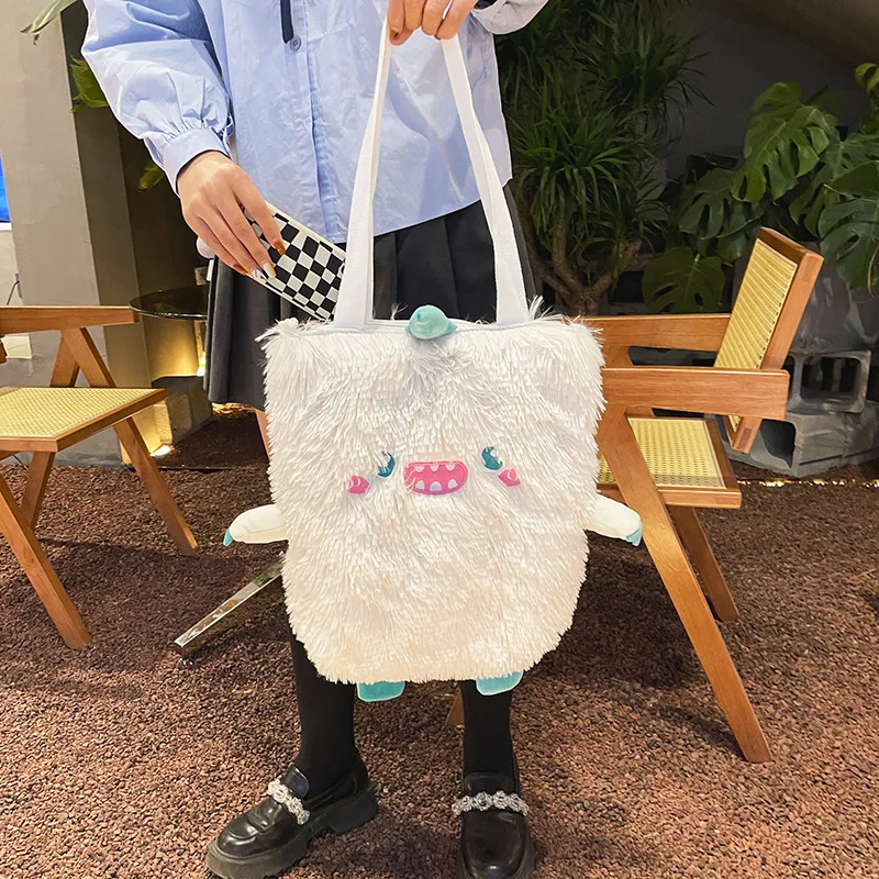 Women new Japanese cute funny plush handbag personality embroidery little monster plush girl student shoulder bag female bag