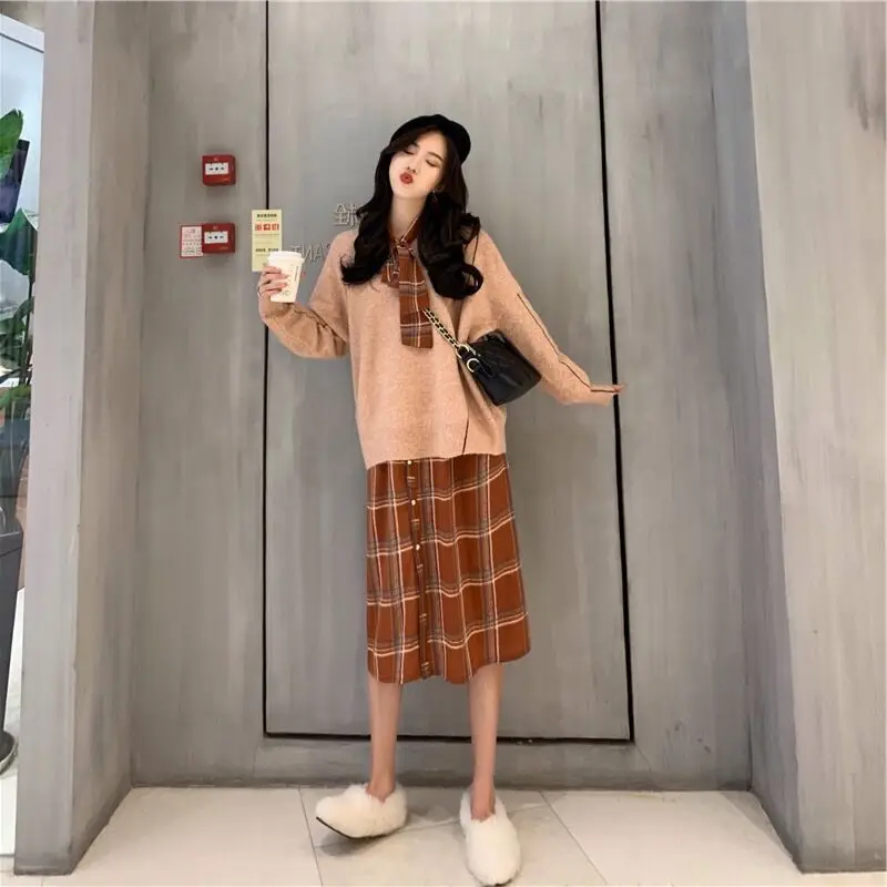 

2019 New Style Set Early Autumn Plaid Elegant Dress Korean-style Retro Skirt with Sweater Two-Piece Set Autumn And Winter