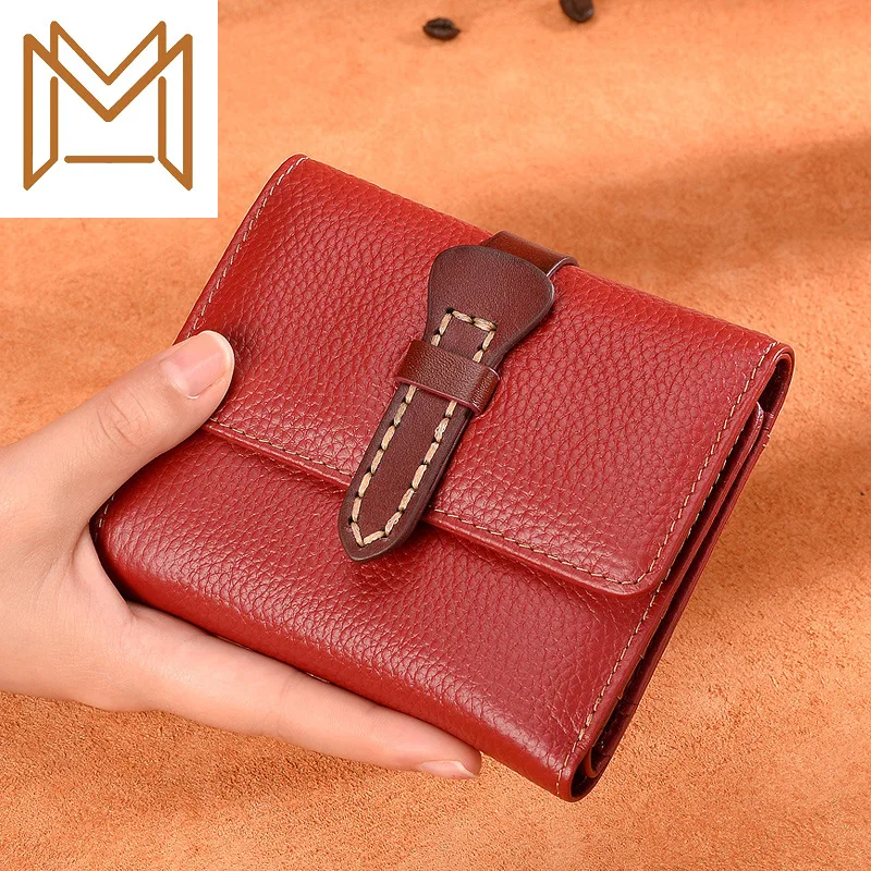 

Genuine Leather Wallet Woman Short Cowhide Three Hasp Manual Position Wallet Soft Leather