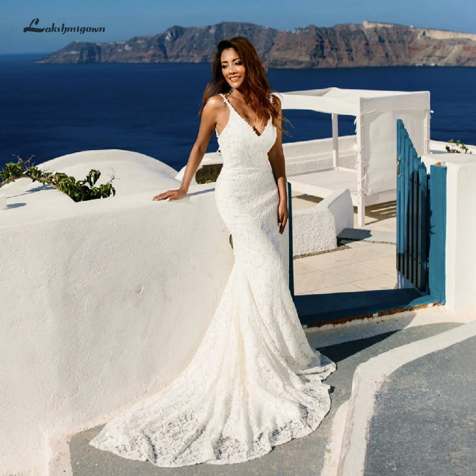 

Lakshmigown New Bride Dress Mermaid Wedding Dresses Lace 2019 Open Back Spaghetti Straps Sexy Wedding Gowns V Neck