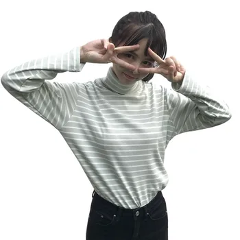 

Z Winter Clothes Women Korean College Pure Bottoming Shirt Wild Contrast Striped High Collar Knit Sweater Striped Top