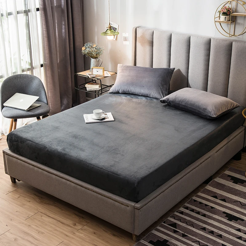 Modern Simple Bed Sheet Solid Color Soft Warm Flannel Mattress Protector Autumn Winter Elastic Band Velvet 1pcs | Дом и сад