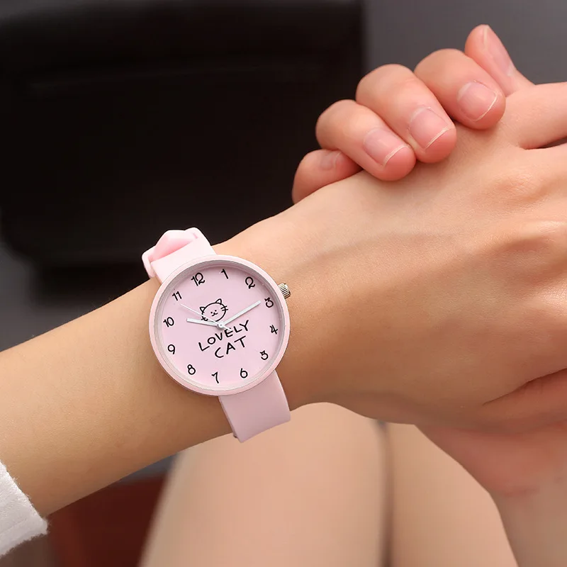 Reloj de cuarzo con dibujos animados para niños y niñas, pulsera de silicona de Color caramelo para estudiantes, reloj de moda para gato
