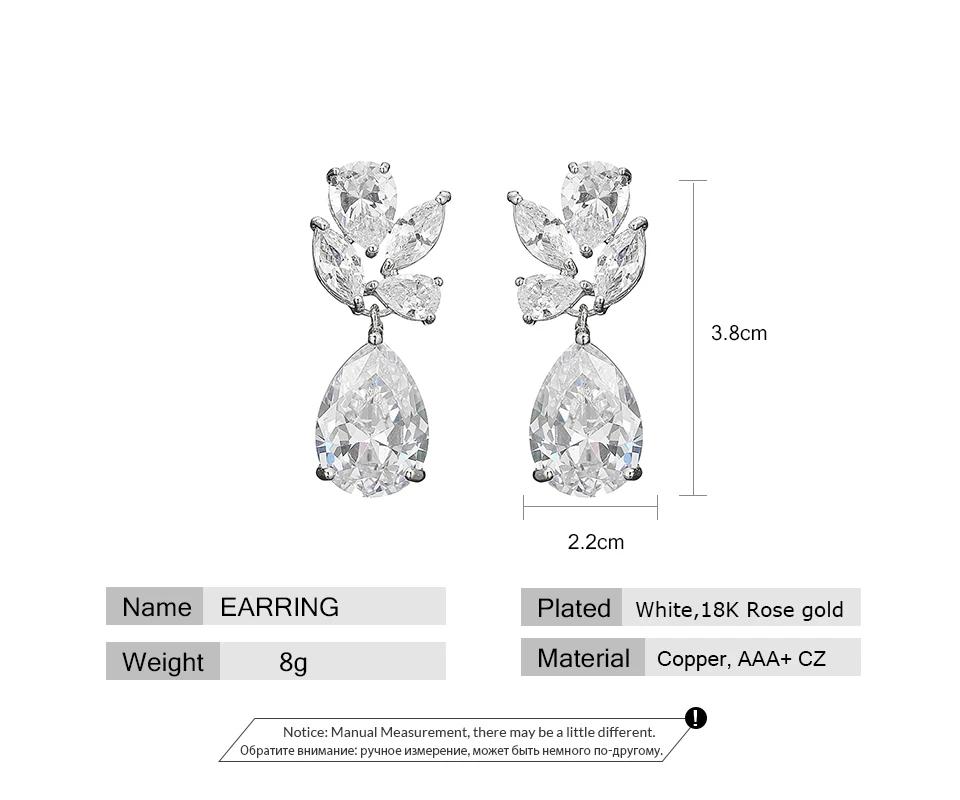 18k White/Rose Gold Plated AAA Zircon Tear Drop Stud Dangle Statement Earrings 