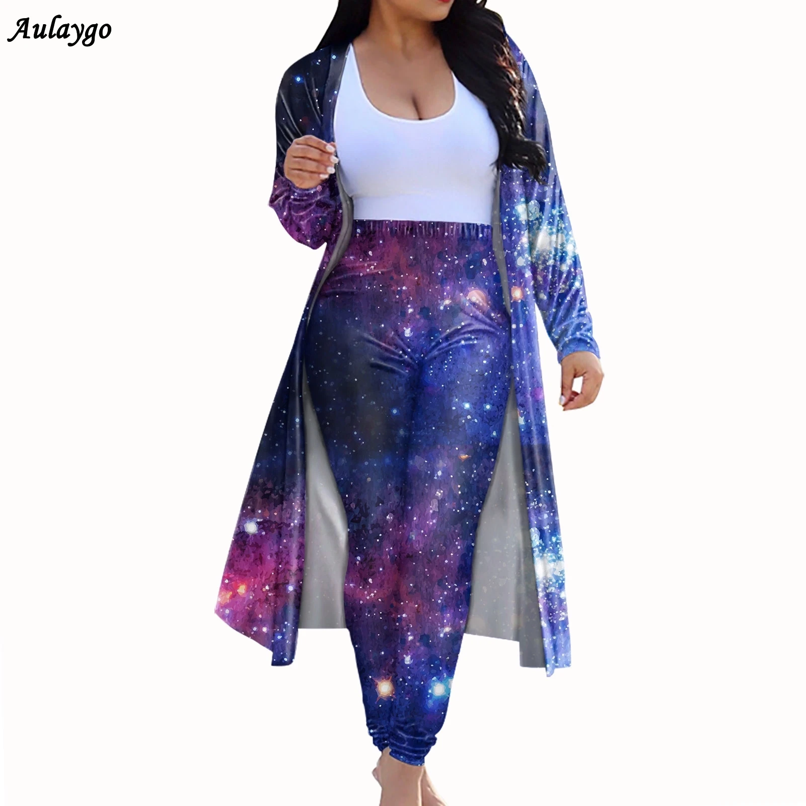 

Two Piece Outfits For Women Starry Galaxy Pattern Fall Fashion Jogger Pants Suit Tracksuit Matching Cardigan Set Casual Outfit