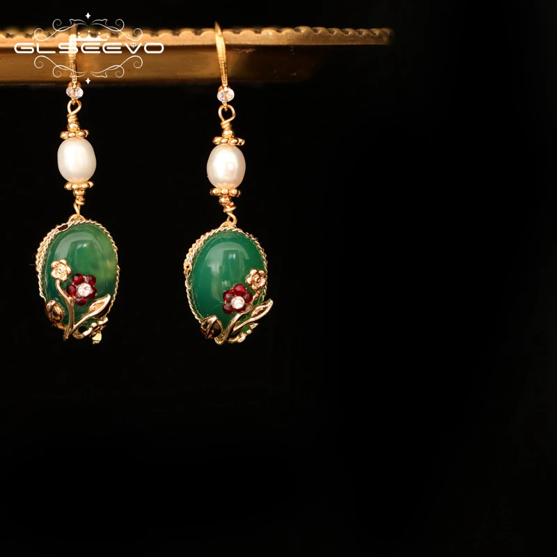 

GLSEEVO Original Design Natural Agate Drop Earrings For Women Wife Flower Dangle Earrings Jewelry ros De Moda 2019 GE0879
