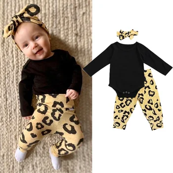 

0-18M Newborn Baby Girl Leopard Print Clothes 3Pcs Black Long Sleeve Romper+Pants+Headband Cute Outfit