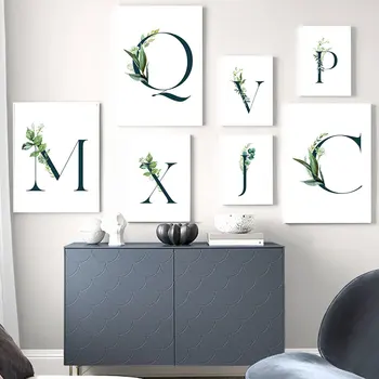 

Name Customed Alphabet Chart Wall Art Print Green Plants Quotes Canvas Poster Nordic Letter Art Painting Living Room Decor Gift