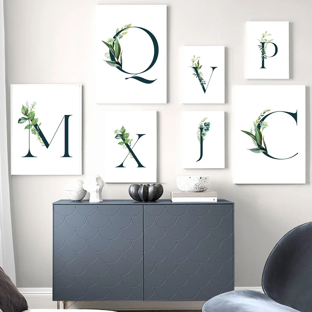 Name Customed Alphabet Chart Wall Art Print Green Plants Quotes Canvas Poster Nordic Letter Art Painting Living Room Decor Gift Painting Calligraphy Aliexpress