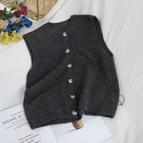 dark gray Neploe, однобортный женский вязаный Топ, весна-осень, Одноцветный Топ без рукавов с круглым вырезом, Свободные повседневные женские топы 80424 - Цвет: dark gray