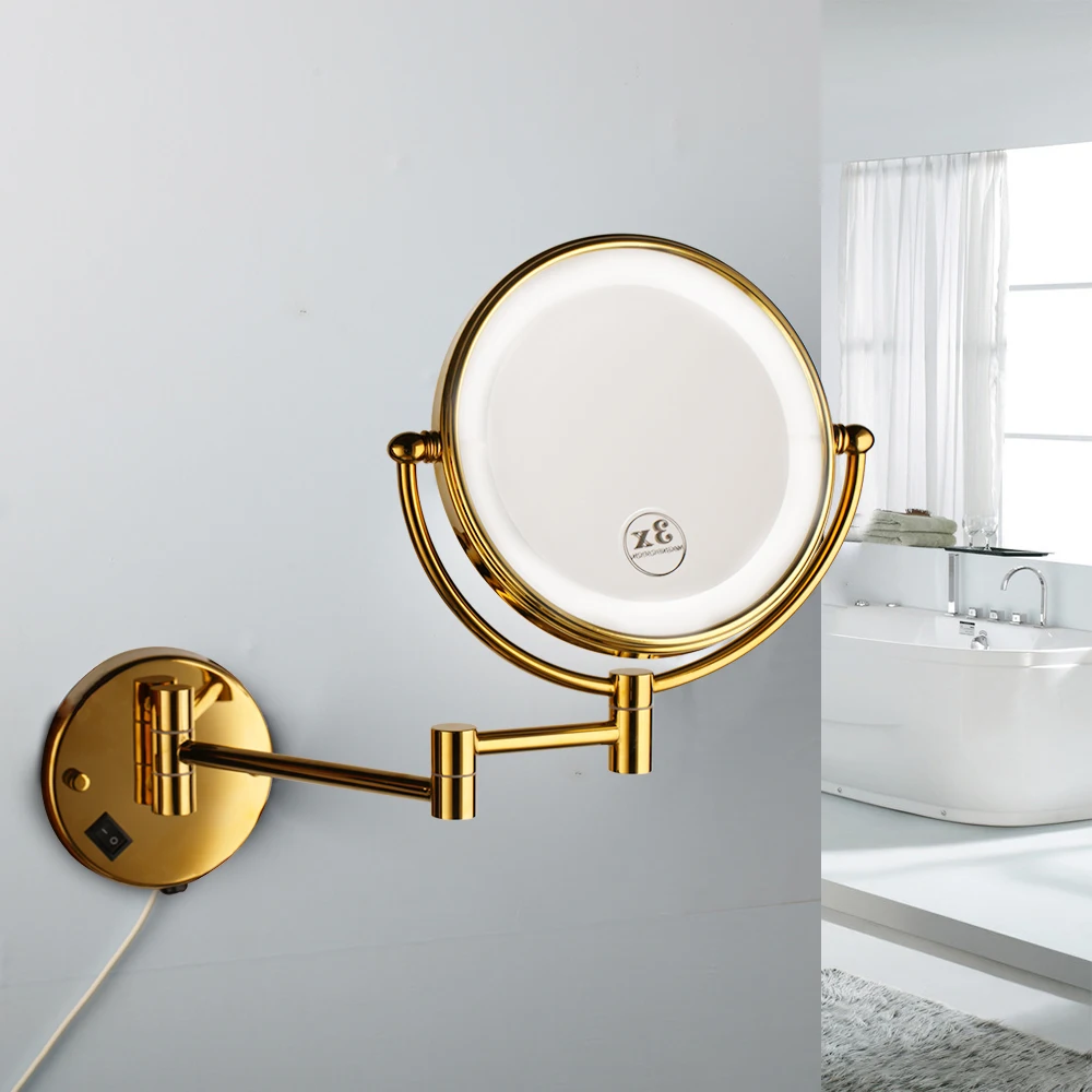 KEMAIDI Golden Chrome Brass Gold Plate Wall Mount LED Makeup Women Pocket Mirror 3X Magnifying Vanity Cosmetic Hand Mirror