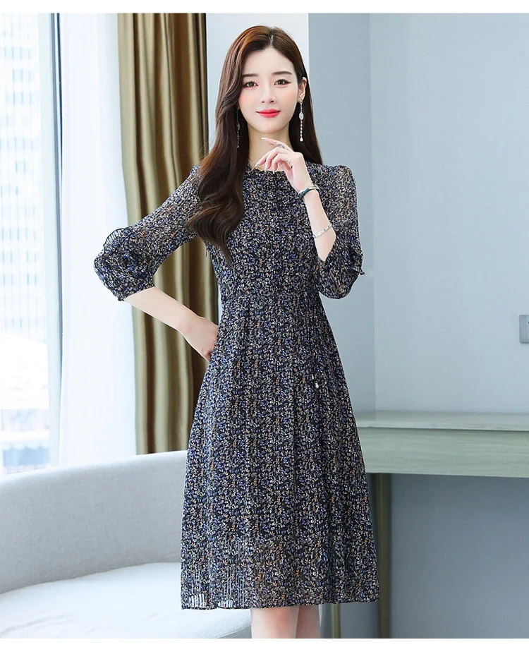 2022 חדש אלגנטי Bodycon המפלגה Vestidos Womem פרחוני שיפון מזדמן חוף Midi שמלת סתיו החורף קוריאני בציר שמלת בגדים