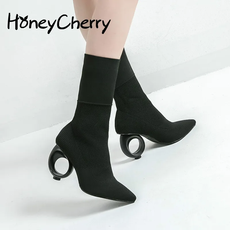 Tanie Jesienne i krótkie buty zimowe, spiczaste buty, wysokie buty, dzianinowe buty, średnia tuba, szpilki damskie