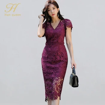 

H Han Queen Sexy Hollow Out Lace Pencil Dress Women Autumn New V-neck Sheath Bodycon Dresses Casual Evening Party Club Vestidos