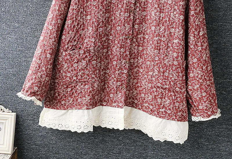 Fresh Sweet Style Little Floral Shirt Patchwork Crochet Hem Single Breasted Cardigan Loose Long Sleeve Autumn Blouses Chic Blusa
