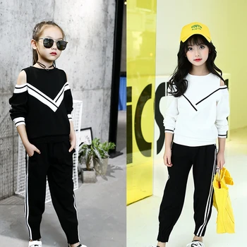 

3-15Y Kids Girls Outfits 2019 New Popular Navy Style Autumn Stripe Tracksuit Off Shoulder Tops Pants Sports Suits Teen Clothes