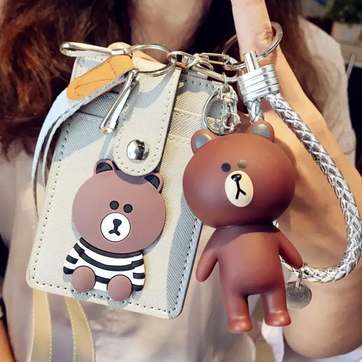 3 слоя Kawaii Line Bear PU ID кредитный банк держатель для карт с брелком игрушка автобус карта защитный чехол школьные офисные канцелярские принадлежности - Цвет: With Doll  siliver