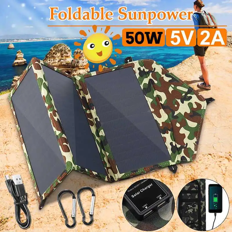50W Folding Solar Panel 5V Sun Power Waterproof Solar Cells Charger Double USB Output Devices Portable for Smartphones