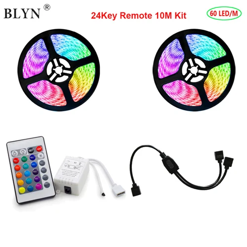 24 Key 10M Kit 5050 RGB Светодиодная лента без источника питания 15 м 10 м водонепроницаемый гибкий RGB светодиодный неоновый ленточный светильник 44Key пульт дистанционного управления RGB - Испускаемый цвет: 24 Key 10M Kit