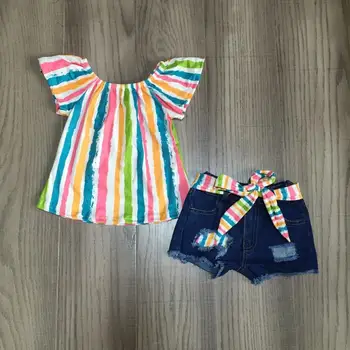 

baby girls spring outfits girl multicolors stripe raglans with belt jeans baby children summer clothing