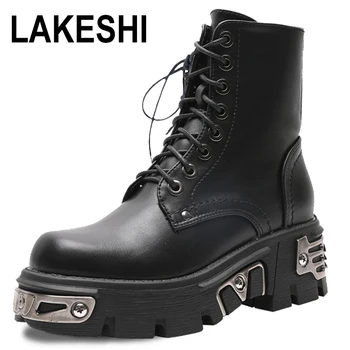 online Preto Estilo Punk Plataforma Botas De Tornozelo Masculino Rendas Até Zíper Outono Inverno Botas Da Motocicleta Para O Homem Goth Chunky Sapatos Decoração Metal