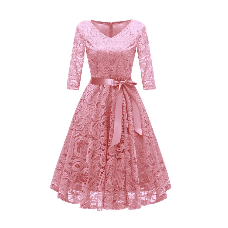 Autumn Lace Autumn Party Dresses 3/4 Sleeve V-Neck Casual Women Dress Hollow Out Robes Plus Size 2XL Vestidos de Festa - Цвет: 7