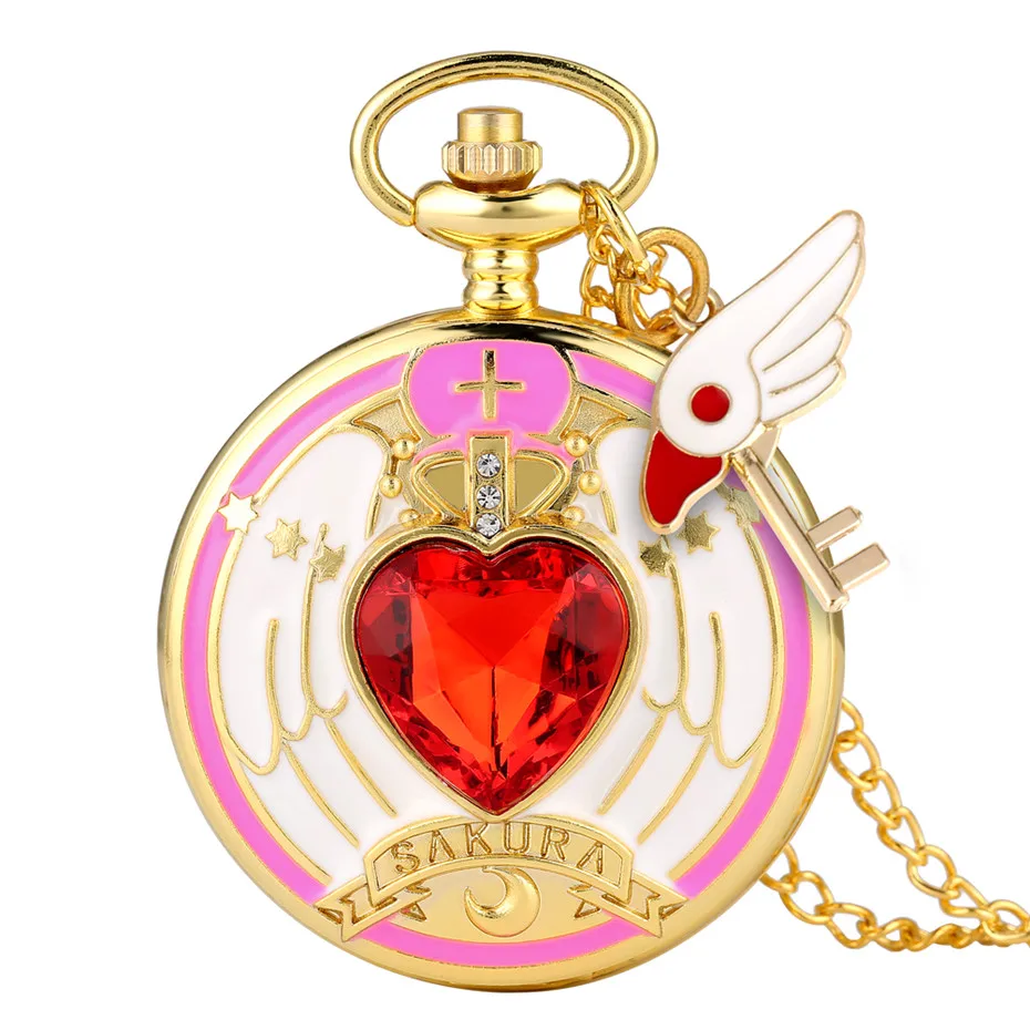 with pendant Магические стразы, карманные часы SAKURA для девочек, Студенческие Кварцевые часы с золотым ожерельем, подарки для детей на Рождество, день рождения - Цвет: with pendant