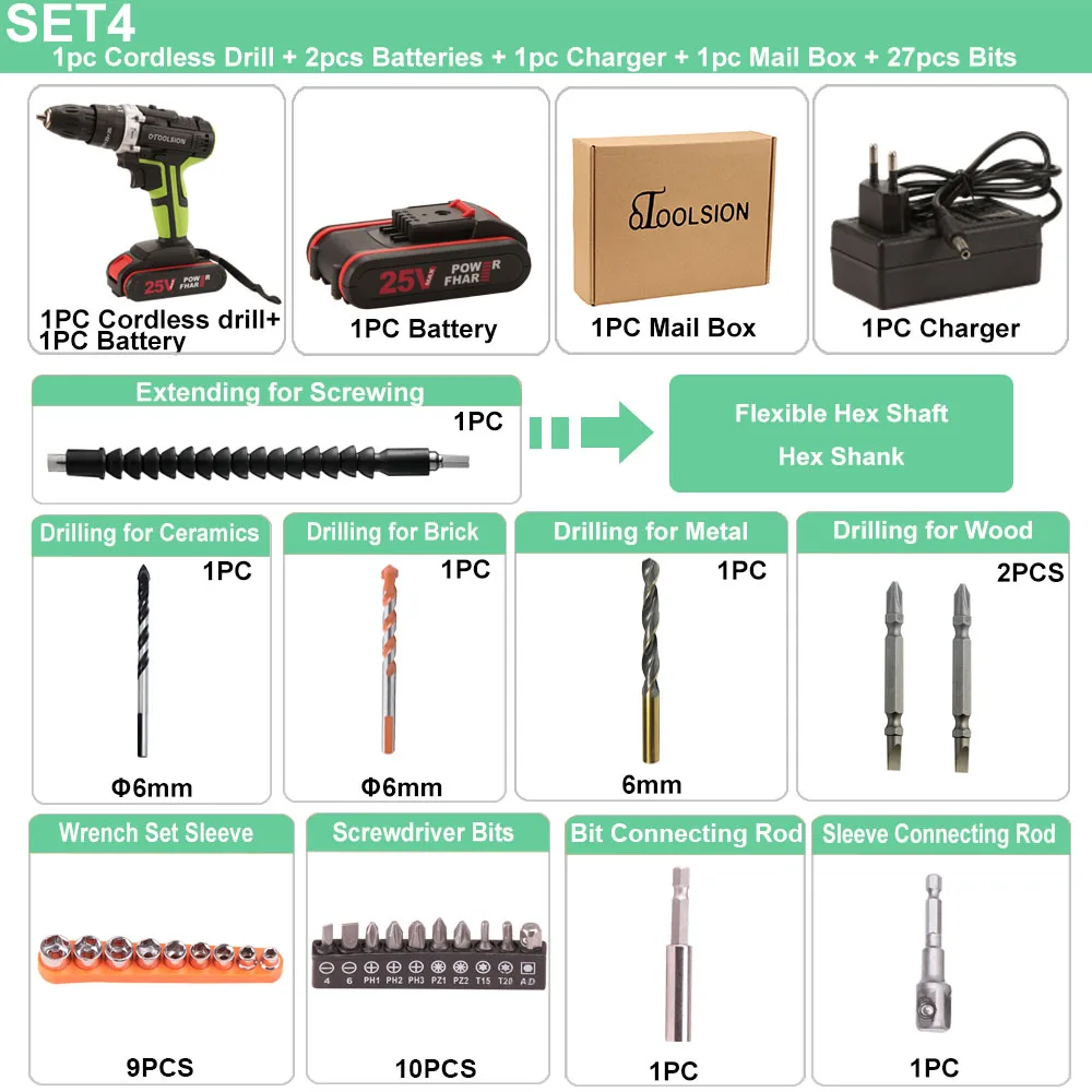 25V 48N.m Impact Battery Drill Cordless Screwdriver Power Tools Impact Electric Screwdriver Electric Impact Drills+27 Pcs Parts - Цвет: SET4 (2 pc battery)