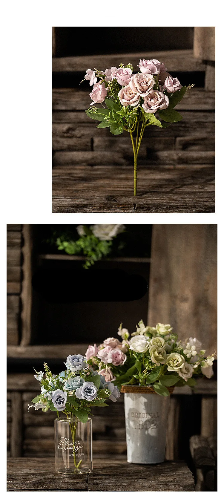 Nordic 10 Simulation Small Roses Artificial Bouquet Indoor Hotel Decoration Placed High Quality Plastic Silk Flower QW42 (5)